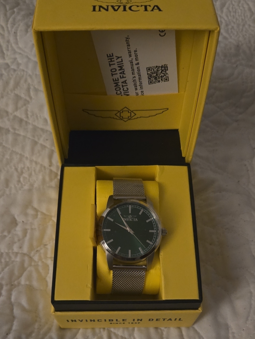 Invicta Silver Mesh Watch with Green Sunray Dial